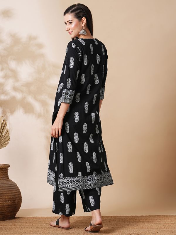 Globus Women Black Allover Paisley Printed Straight Workwear Kurta & Palazzos Set