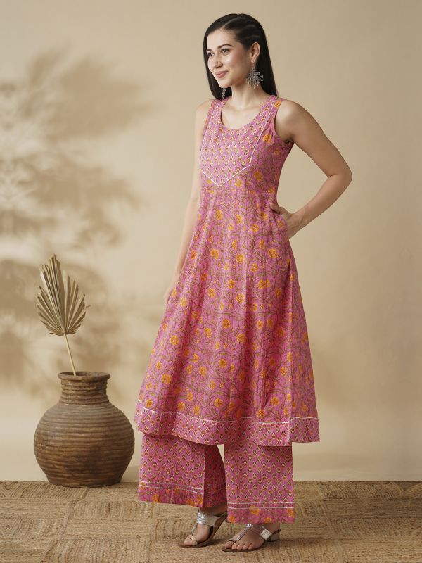 Globus Women Pink Floral Yoke Design Panelled A-Line Kurta & Printed Palazzos Set