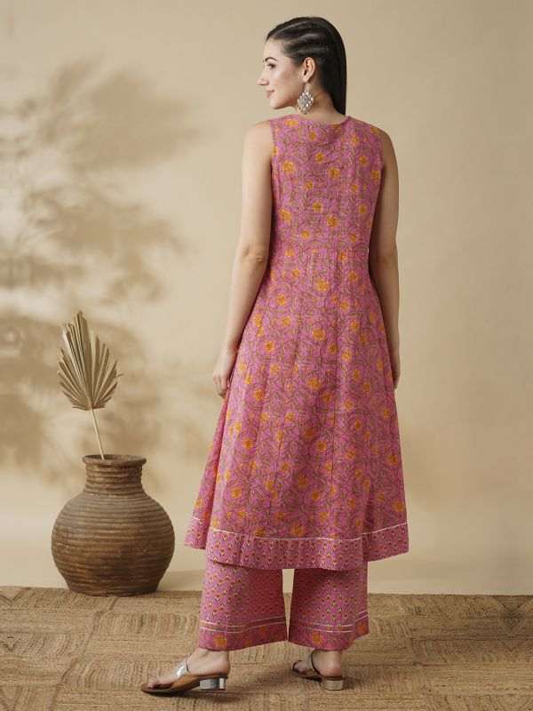 Globus Women Pink Floral Yoke Design Panelled A-Line Kurta & Printed Palazzos Set