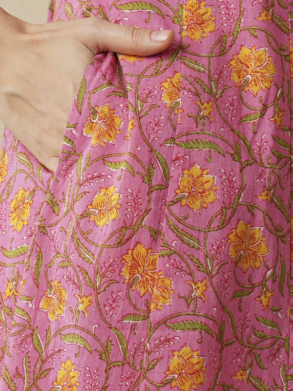 Globus Women Pink Floral Yoke Design Panelled A-Line Kurta & Printed Palazzos Set