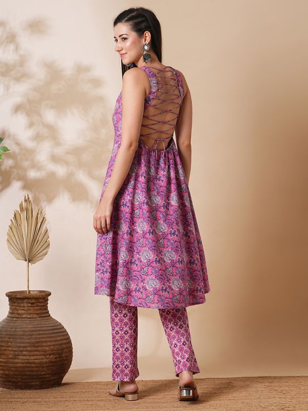 Globus Women Pink Allover Floral Printed Back Tie-Up Detailing A-Line Kurta With Narrow Pants