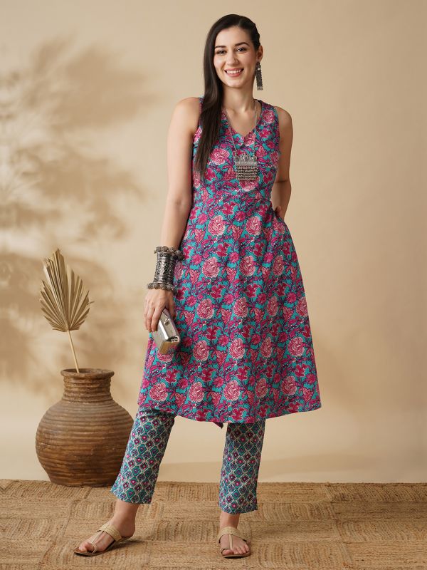 Globus Women Blue Floral Print V-Neck Tie Back A-Line Kurta & Printed Narrow Trouser Set