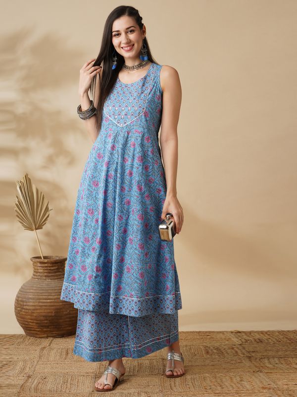 Globus Women Blue Floral Yoke Design Panelled A-Line Kurta & Printed Palazzos Set