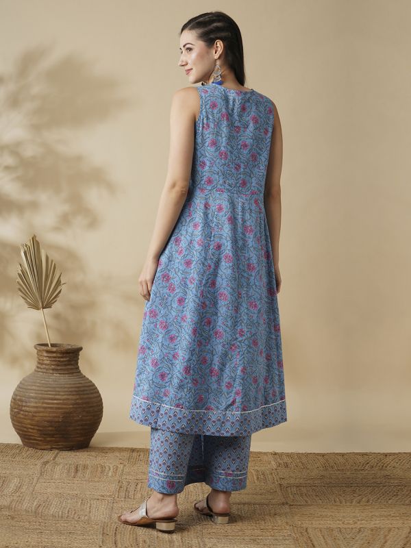 Globus Women Blue Floral Yoke Design Panelled A-Line Kurta & Printed Palazzos Set