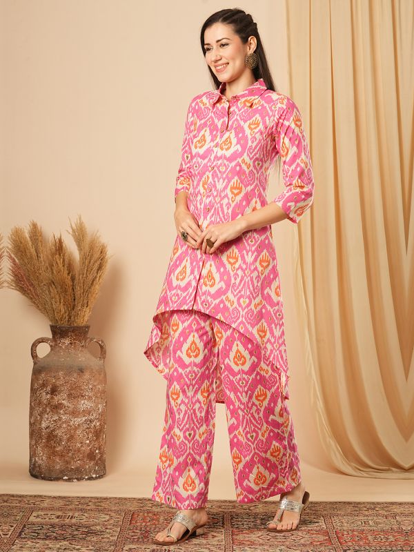 Globus Women Pink Shirt Collar Ikat Print High-Low Hem Workwear A-Line Kurta With Straight Palazzos