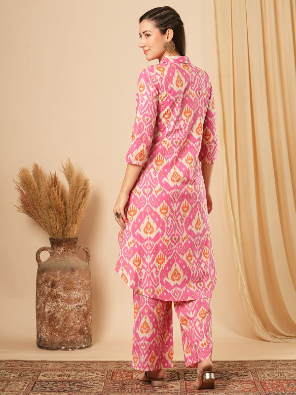 Globus Women Pink Shirt Collar Ikat Print High-Low Hem Workwear A-Line Kurta With Straight Palazzos