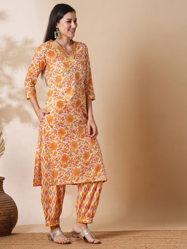 Globus Women Orange Allover Floral Printed Straight Workwear Kurta With Afghani Pants