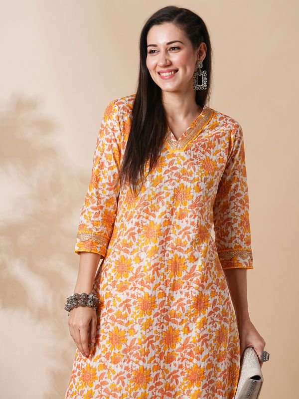 Globus Women Orange Allover Floral Printed Straight Workwear Kurta With Afghani Pants