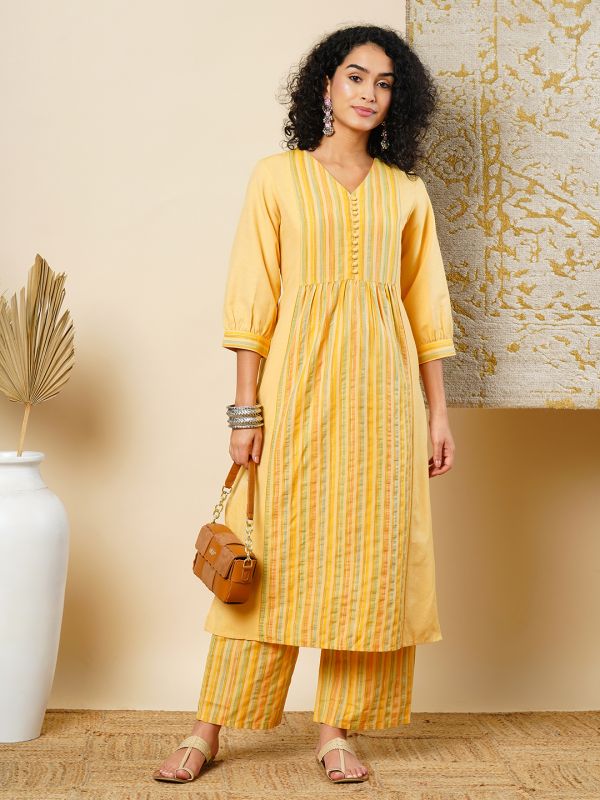 Globus Women Yellow V-Neck Striped Gathered Panelled A-Line Workwear Kurta & Elasticated Pants Set