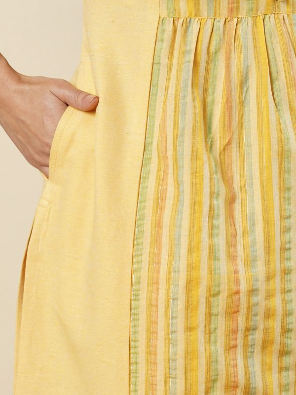 Globus Women Yellow V-Neck Striped Gathered Panelled A-Line Workwear Kurta & Elasticated Pants Set