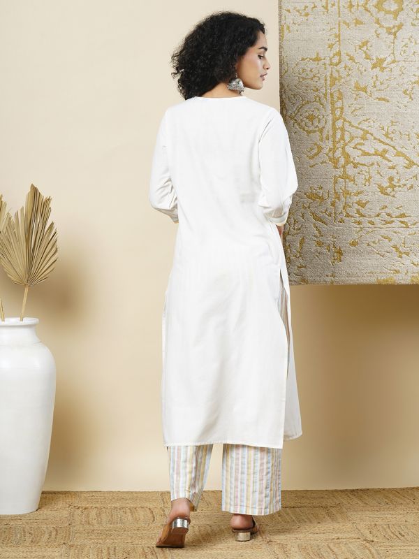 Globus Women White V-Neck Striped Gathered Panelled A-Line Workwear Kurta & Elasticated Pants Set