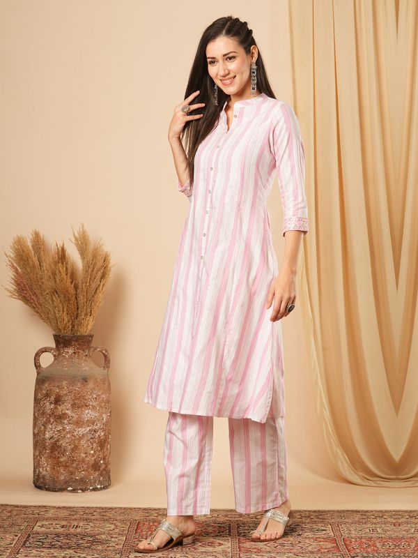 Globus Women Pink Mandarin Collar Striped Workwear A-Line Kurta With Elasticated Straight Pants