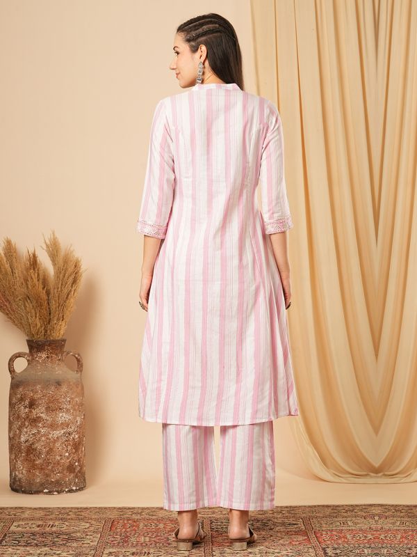 Globus Women Pink Mandarin Collar Striped Workwear A-Line Kurta With Elasticated Straight Pants