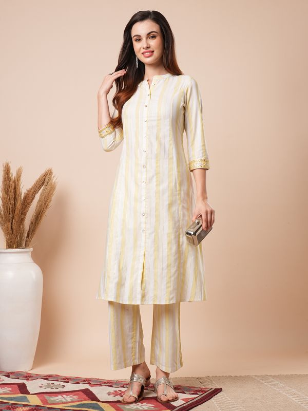 Globus Women Yellow Mandarin Collar Striped Gotta Patti Sleeves Straight Workwear Kurta With Pants