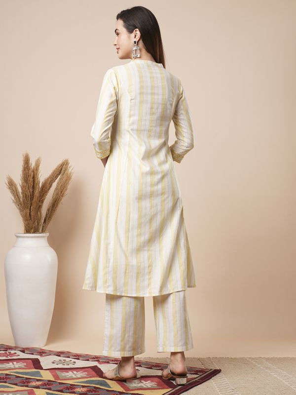 Globus Women Yellow Mandarin Collar Striped Gotta Patti Sleeves Straight Workwear Kurta With Pants