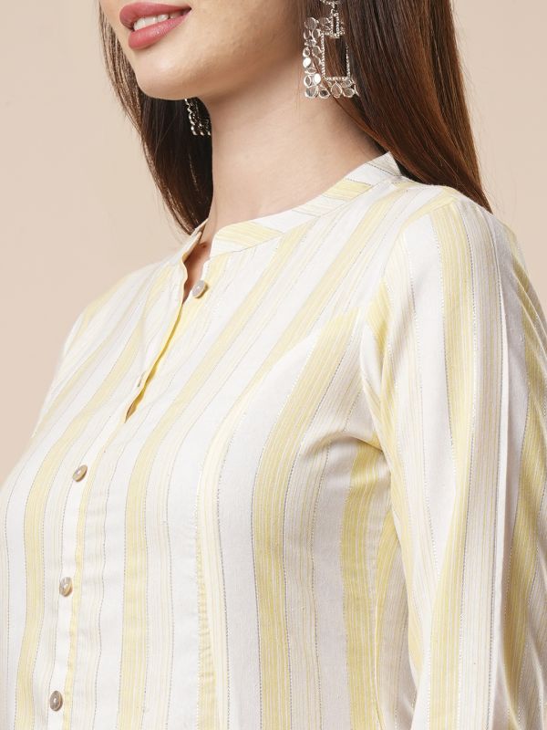 Globus Women Yellow Mandarin Collar Striped Gotta Patti Sleeves Straight Workwear Kurta With Pants