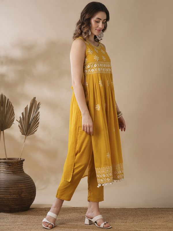 Globus Women Mustard Floral Embroidered Pleated High-Slit Pom Pom Hem A-Line Festive Kurta & Pants Set