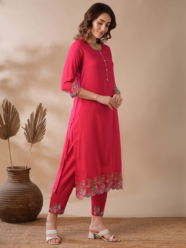 Globus Women Pink Potli Button Floral Scalloped Hem Straight Workwear Kurta & Elasticated Pants Set