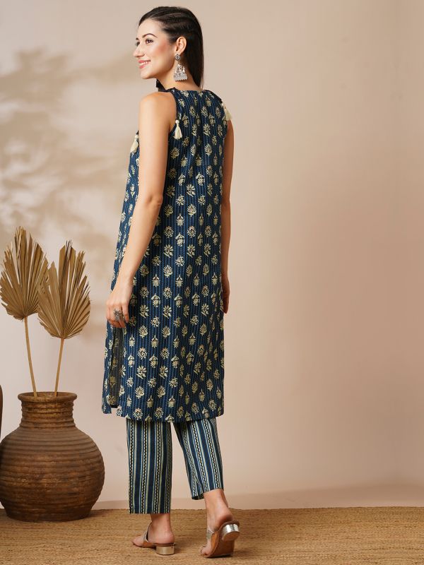 Globus Women Blue Tie-Up Strappy Shoulder Tassel Detailing Mix & Match Floral Print Straight Kurta With Striped Elasticated Wide-Leg Pants Fusion Set