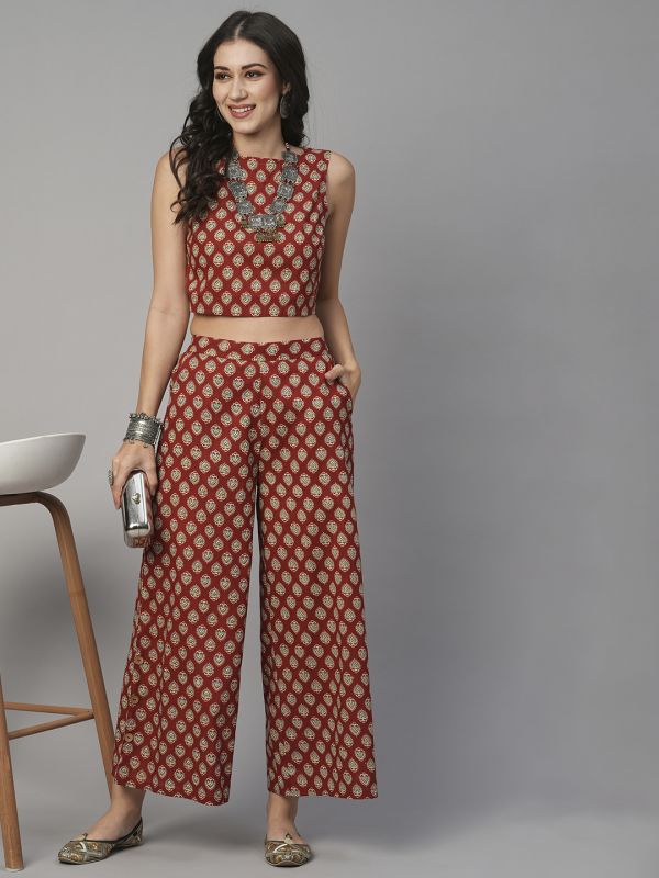 Globus Women Maroon Boat Neck Ethnic Print Crop Top With Partially Elasticated Mid-Rise Palazzos Fusion Co-Ord Set