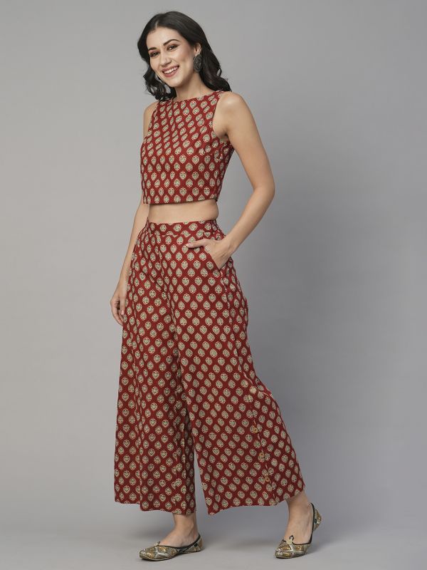 Globus Women Maroon Boat Neck Ethnic Print Crop Top With Partially Elasticated Mid-Rise Palazzos Fusion Co-Ord Set