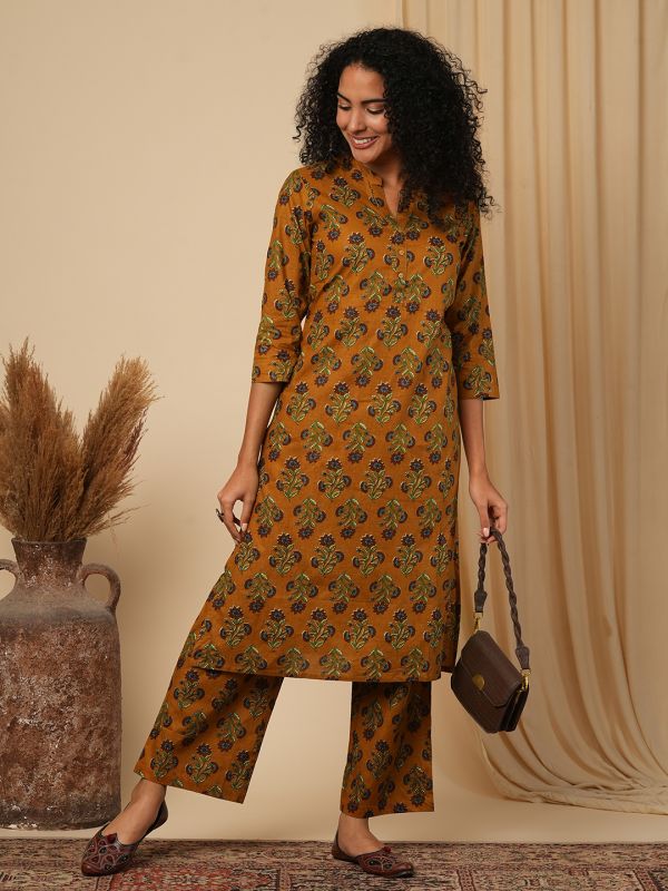 Globus Women Mustard All-over Floral Printed Mandarin Collar Workwear Kurta & Wide Leg Trousers Set