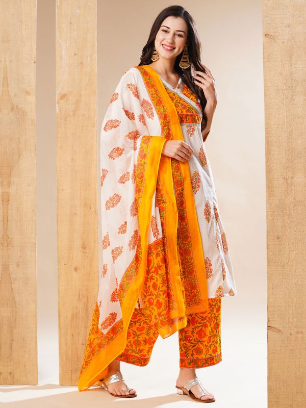 Globus Women Off-White Floral Printed Straight Panelled Workwear Kurta, Pants & Dupatta Set