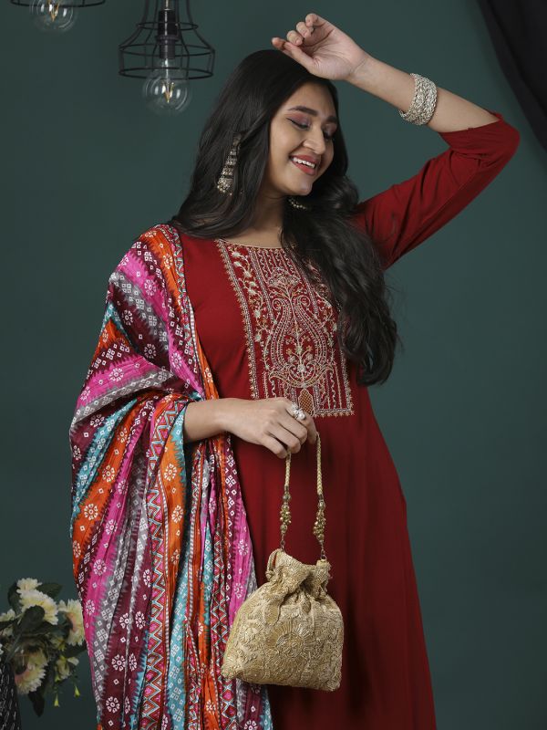 Globus Women Maroon Embroidered Yoke A-Line Kurta, Pants & Multicolor Bandhani Print Dupatta Festive Set