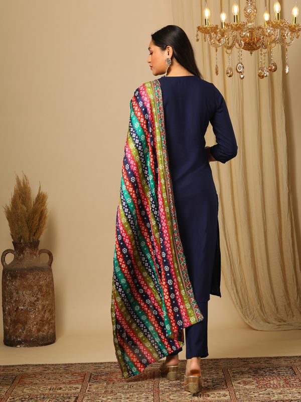 Globus Women Blue Embroidered Yoke A-Line Kurta, Pants & Multicolor Bandhani Print Dupatta Festive Set