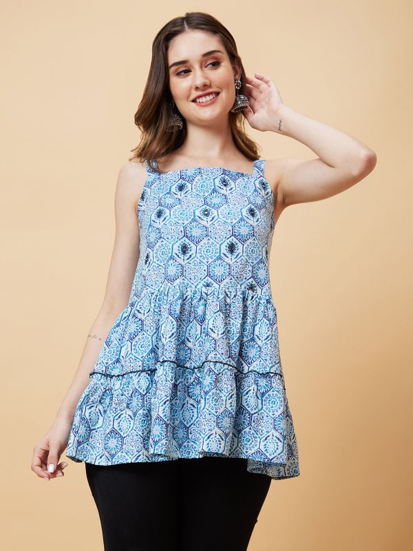 Globus Women Blue Square Neck Floral Print Strappy Peplum Fusion Tunic