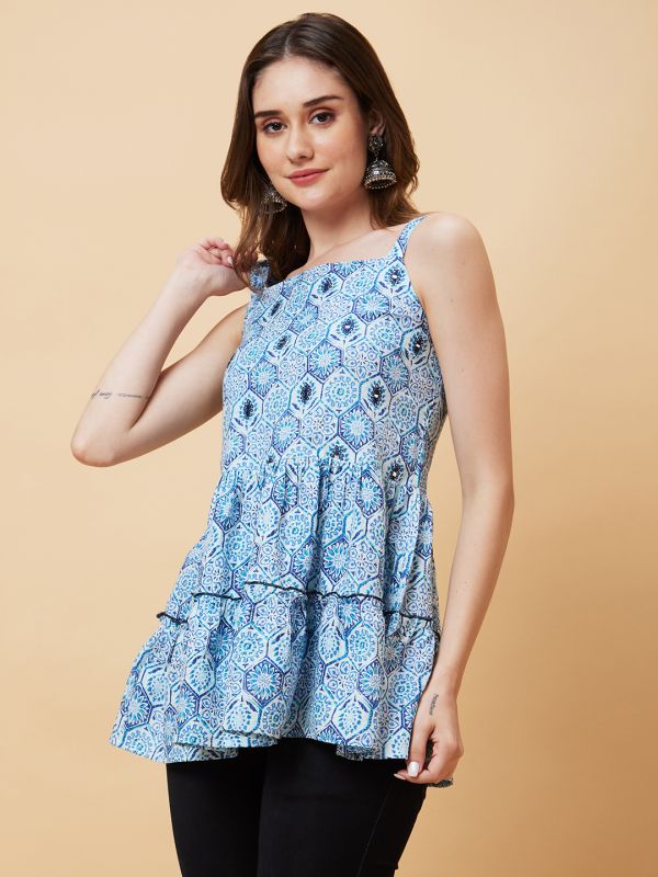 Globus Women Blue Square Neck Floral Print Strappy Peplum Fusion Tunic