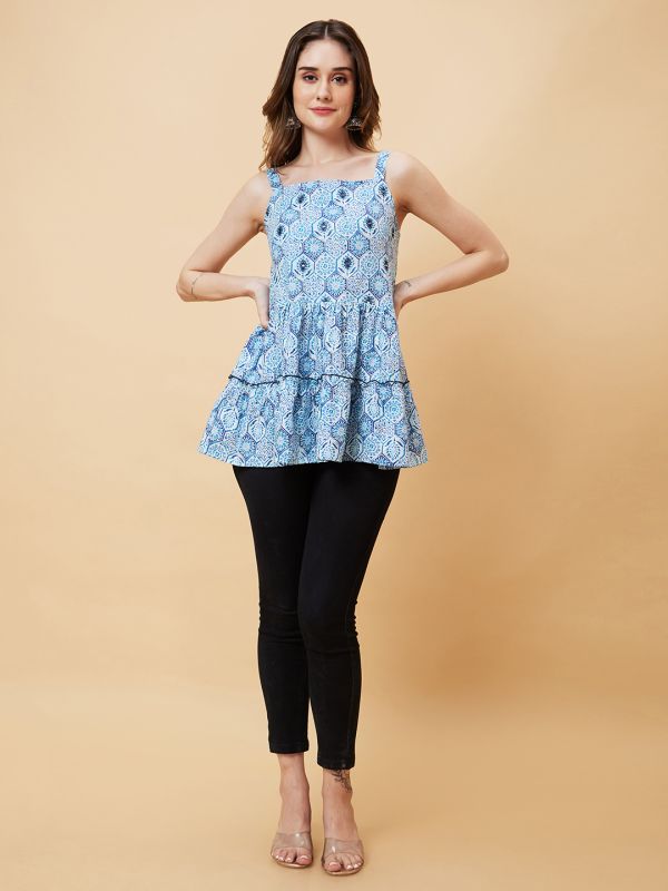 Globus Women Blue Square Neck Floral Print Strappy Peplum Fusion Tunic