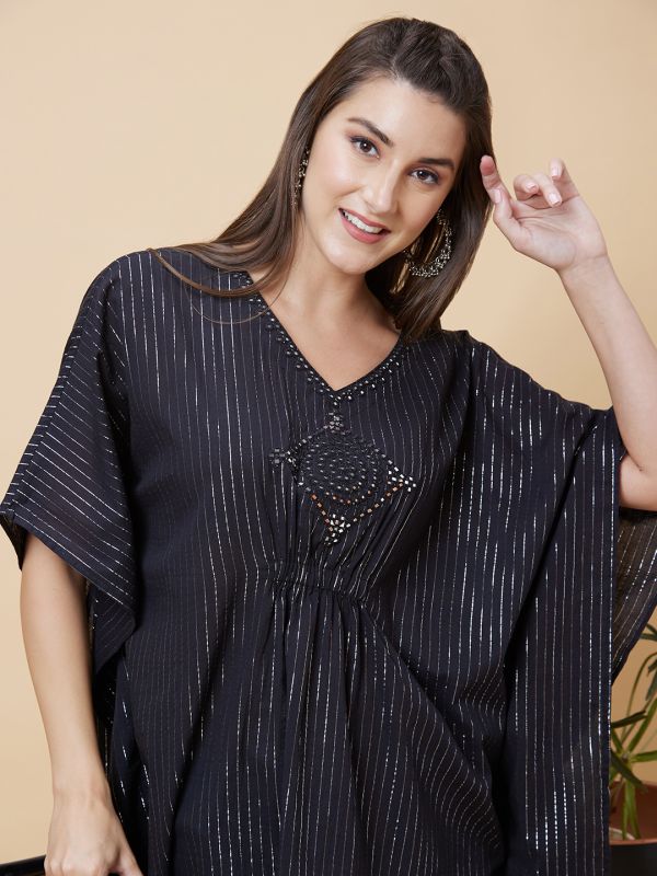 Globus Women Black Striped Embroidered V-Neck Kaftan Tunic