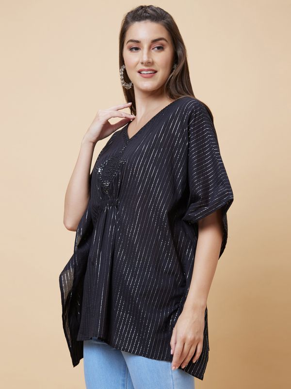 Globus Women Black Striped Embroidered V-Neck Kaftan Tunic