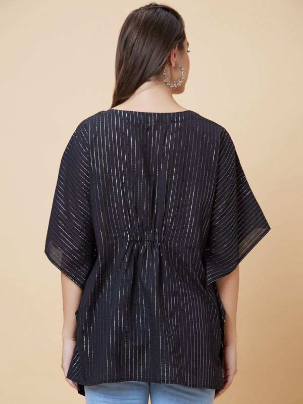 Globus Women Black Striped Embroidered V-Neck Kaftan Tunic