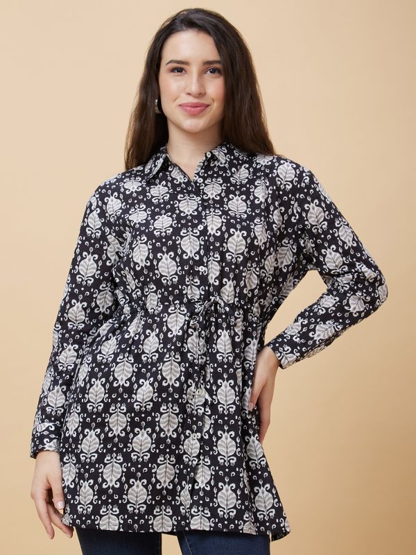 Globus Women Black Ethnic Print Shirt Collar Tie-Up Tunic