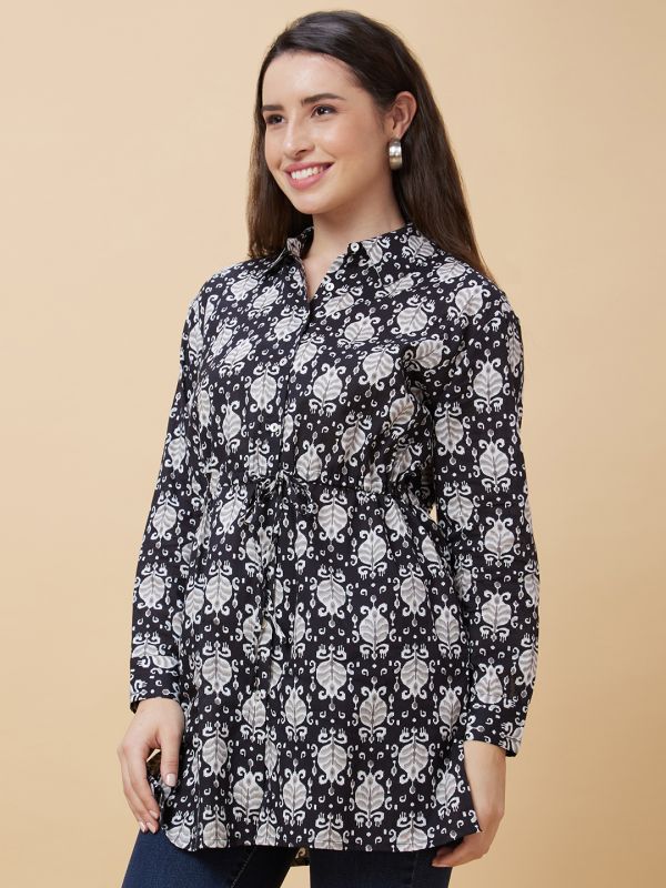 Globus Women Black Ethnic Print Shirt Collar Tie-Up Tunic