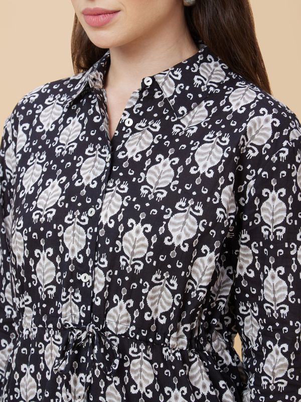 Globus Women Black Ethnic Print Shirt Collar Tie-Up Tunic