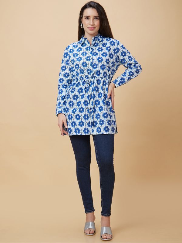 Globus Women Blue Tie-Dye Ethnic Print Shirt Collar Tie-Up Tunic