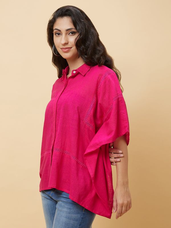 Globus Women Pink Shirt Collar Lace Inserts Kaftan Tunic