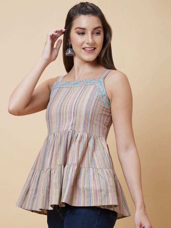 Globus Women Multicolour Stripes Embroidered Strappy Casual Tiered Tunic