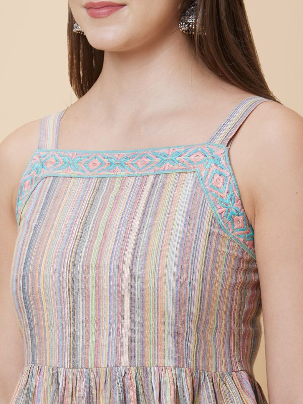 Globus Women Multicolour Stripes Embroidered Strappy Casual Tiered Tunic