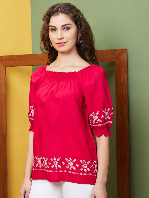 Globus Women Pink Smocked Square Neck Puff Sleeves Embroidered Tunic