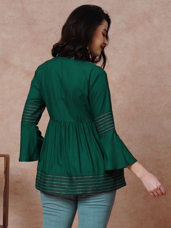 Globus Women Green Embroidered & Accordion Pleats Yoke Mandarin Collar Bell Sleeves A-Line Tunic