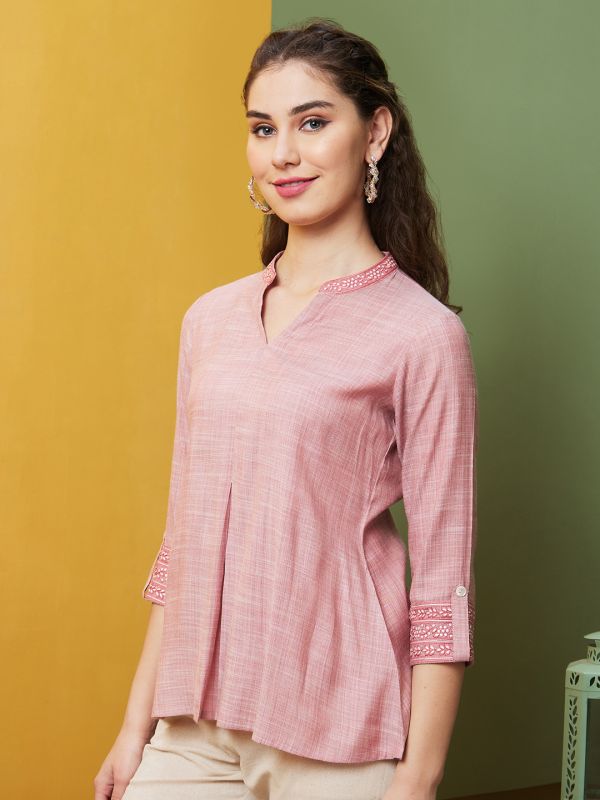 Globus Women Pink Embroidered Mandarin Collar Flared Hem A-Line Tunic