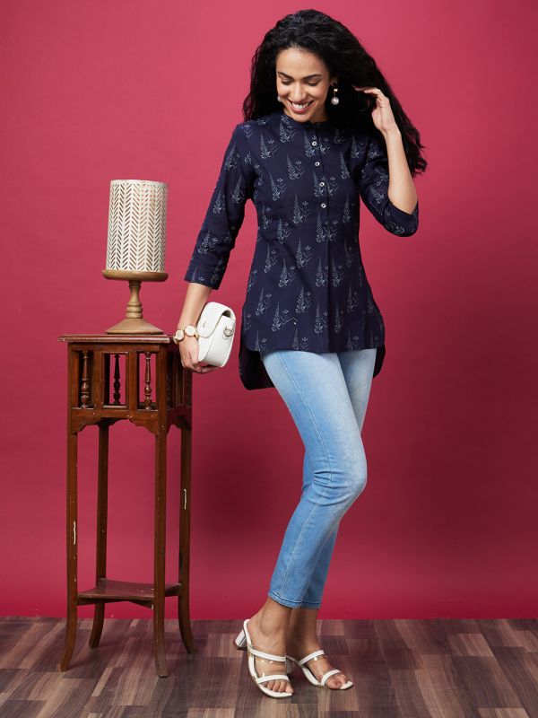 Globus Women Navy Mandarin Collar Allover Floral Printed High-Low Hem Tunic