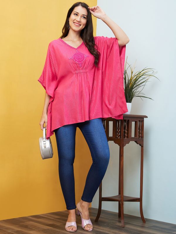 Globus Women Pink Embroidered & Striped Asymmetric Hem Kaftan Tunic 