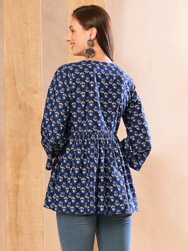 Globus Women Indigo Allover Printed & Gathered A-Line Alia Cut Workwear Tunic