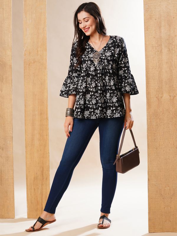 Globus Women Black Floral Printed V-Neck Bell Sleeves Gathered A-Line Alia Cut Workwear Tunic