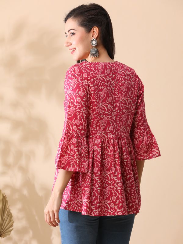 Globus Women Pink Floral Printed V-Neck Bell Sleeves Gathered A-Line Aliya Cut Workwear Tunic